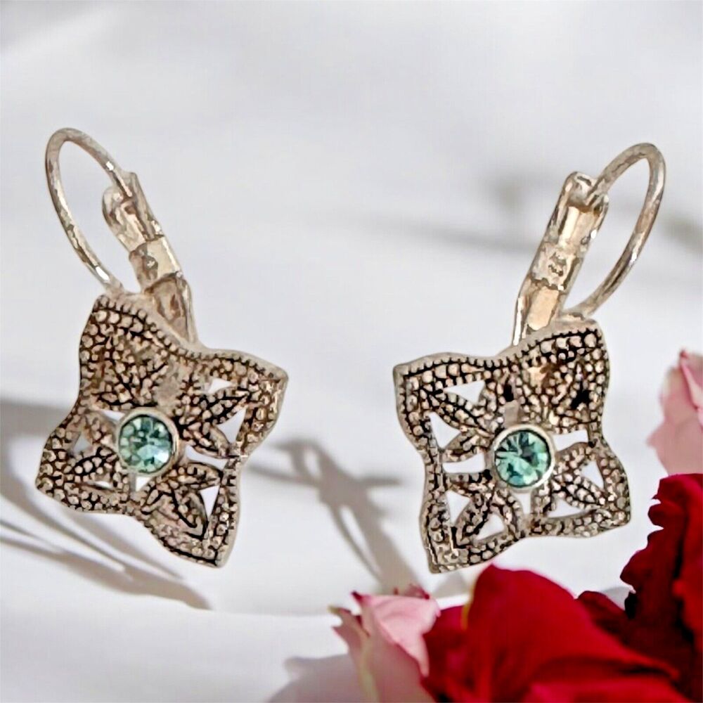 Silvertone Earrings with Hook Closure, Green Rhinestones, 2 Inches